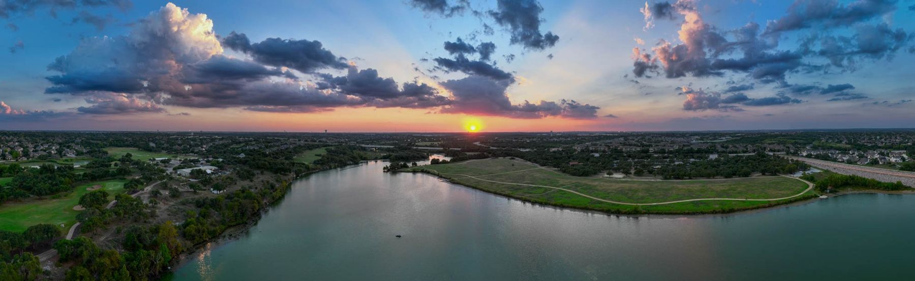 Aerial view of Brushy Creek Lake Park at sunset in Cedar Park